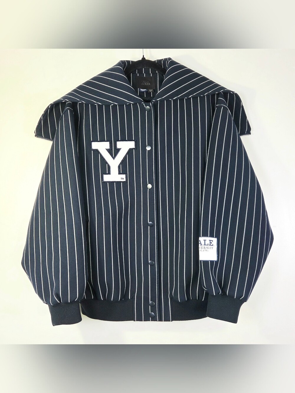 ZARA x YALE UNIVERSITY PINSTRIPE BOMBER JACKET.